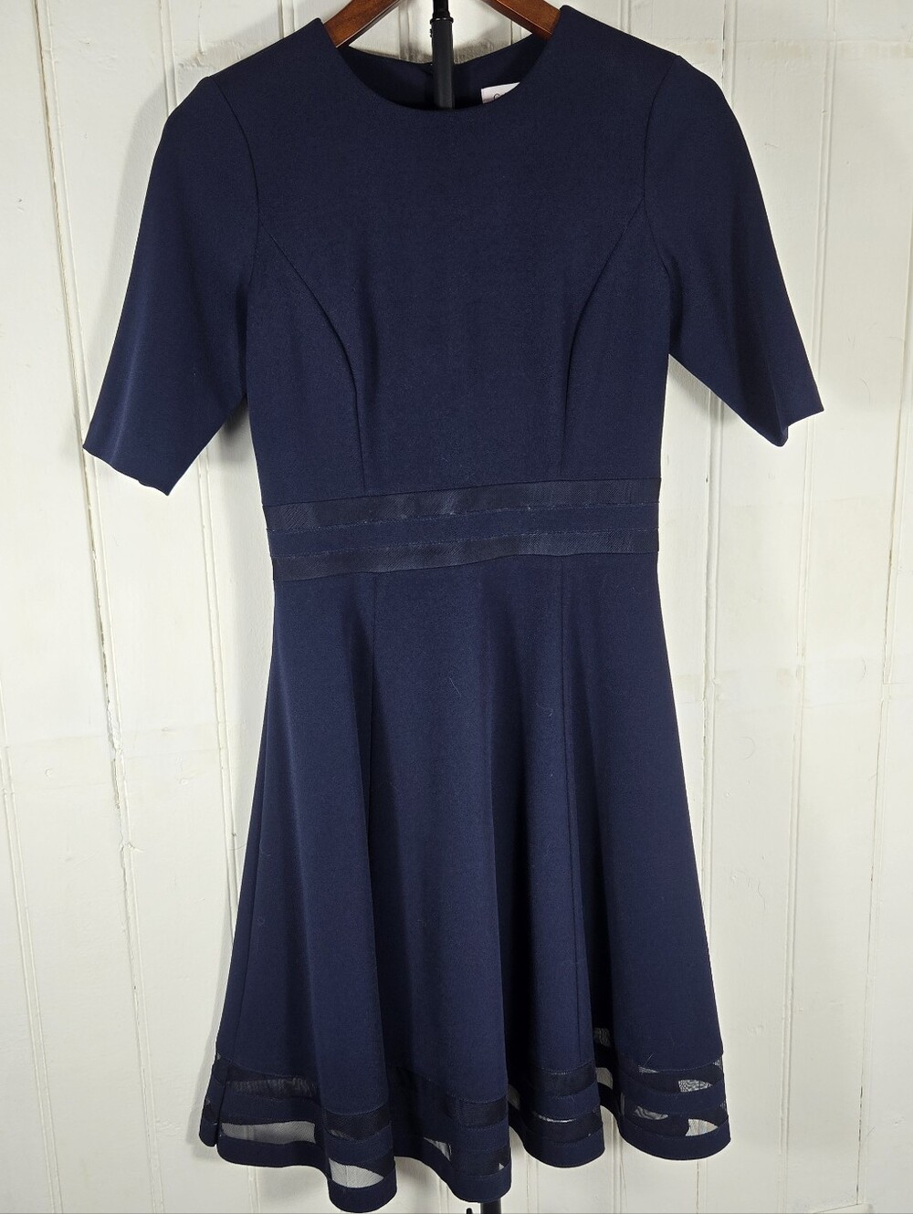 Calvin Klein Navy Fit-and-Flare Midi Dress with Sheer Hem Summer Party